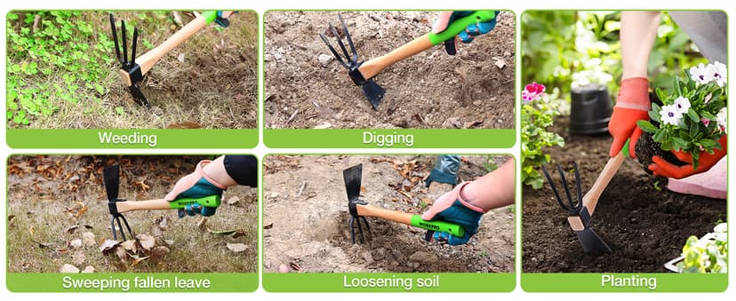 WORKPRO Hoe and Cultivator Garden Rake with 14" Wooden Handle, Sharp Hoe Blade & Sturdy 3 Claw Tiller, 2-in-1 Heavy Duty Gardening Hand Tools for Digging, Loosening Soil, Weeding, Cultivating