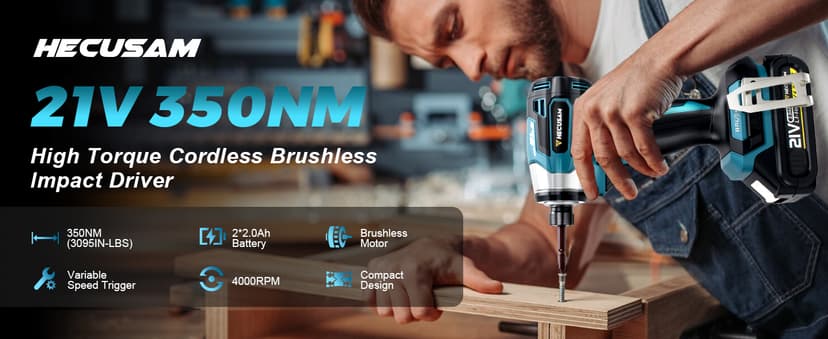 Impact Driver Kit,21V Max Torque 3095 In-lbs(350 N.m) Cordless Impact Driver Set with Two 2.0 Ah Battery, 1/4" Hex Chuck Power Impact Drill, 0-4000 RPM Variable Speed,10Pcs Bits,Toolboxes