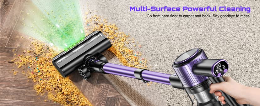 Cordless Vacuum Cleaner, 10 in 1 Stick Vacuum with Powerful Suction, Hose, Green LED Light, Anti-Tangle Brush, Lightweight Rechargeable Vacuum Cleaner for Home, Hardwood Floors, Carpets