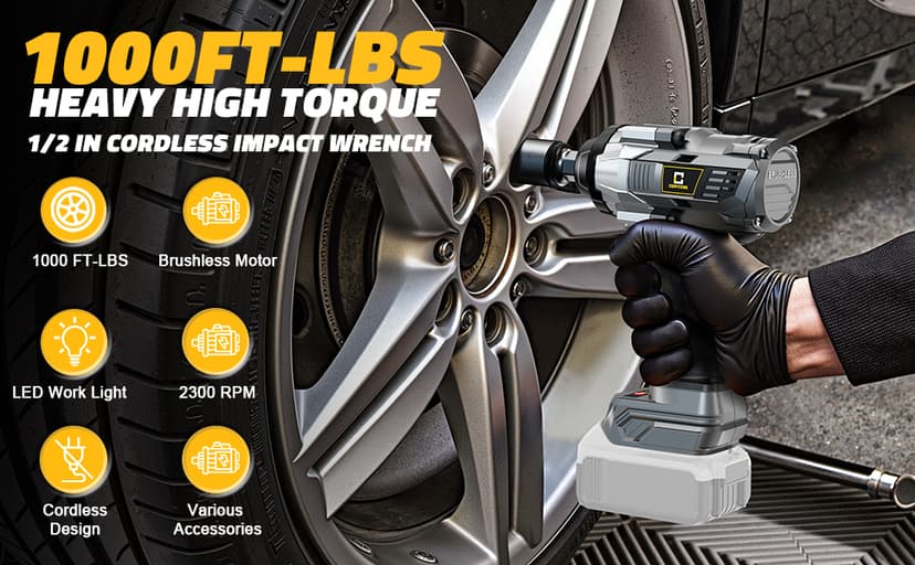 Cordless Impact Wrench 1/2 inch Compatible with Dewalt Battery, 1000FT-LBS (1360N.m) Brushless Electric Impact Gun Includes LED Work Light, 2100RPM High Torque Impact Driver, Bare Tool Only