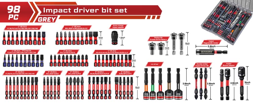 98Pieces 1”/2” Impact Screwdriver Bits Set, Magnetic S2 Steel (Phillips/Slotted/Square/Torx/Hex/Security Torx) Driver Bits Tips,Impact Bit Holder and Nut Driver with Red Storage Box Case