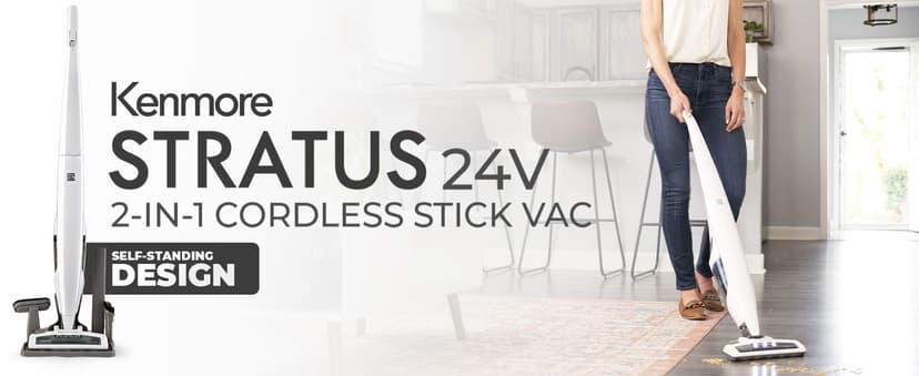 Kenmore DS1030 Cordless Stick Vacuum Lightweight Cleaner 2-Speed Power Suction LED Headlight 2-in-1 Handheld for Hardwood Floor, Carpet & Pet Hair, White