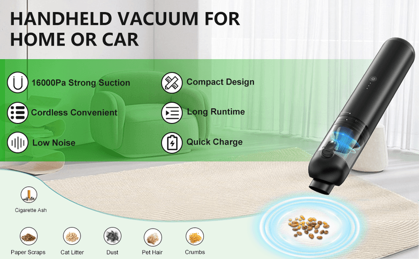 Car Vacuum Portable Cordless, 4-in-1 Handheld Vacuums Cordless, 16,000PA Strong Suction Portable Vacuum for Car, One-touch to Empty, Lightweight Air Dust Buster for Travel, Office, Pet Hair & Home