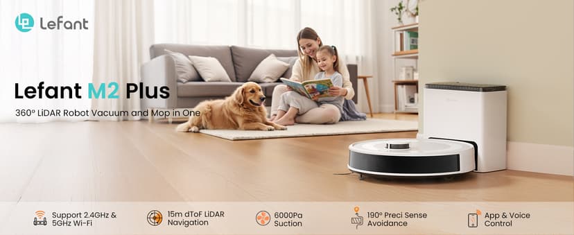 Lefant LiDAR Robot Vacuum and Mop,45-Day Self-Emptying,6000Pa Powerful Suction,Customized Cleaning,Home Mapping,140 Min Runtime,Roller Brush for Carpet,2.4G/5G WiFi/Alexa/APP/iWatch,M2 Plus