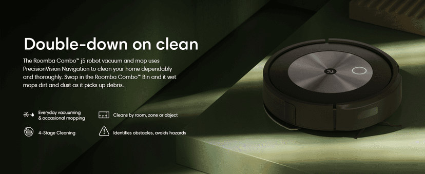 iRobot Roomba Combo j5 Robot Vacuum & Mop – Identifies and Avoids Obstacles Like Pet Waste & Cords, Clean by Room with Smart Mapping, Works with Alexa, Ideal for Pet Hair, Roomba Combo J5