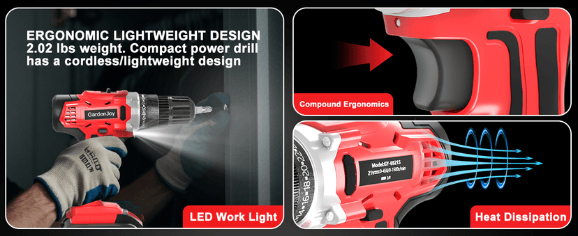 GardenJoy 20v Cordless Drill Set, Power Electric Kit Battery With Charger 30Nm 2-Speed 3/8" Keyless Chuck 24+1 Torque Drill Driver screwdriver Bits with LED Electric Work Light for Women DIY