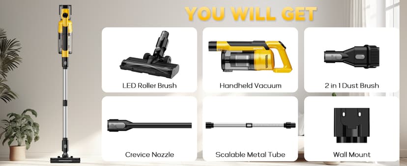 350W Cordless Vacuum Cleaner for Dewalt 20v Battery, 35kPa Brushless Lightweight Stick Vacuum with 3 Mode Suction, 6 in 1 Stick Vacuum Cleaner with HEPA for Floor, Carpet, Car (Battery Not Included)