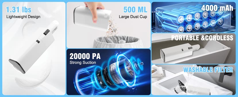 Pet Hair Handheld Vacuum Cordless Car Vacuum, 20000PA High Power, Portable Lightweight Rechargeable Hand Vacuum for Home, Pet and Car