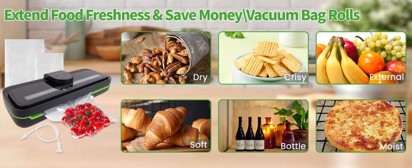 85kpa Food Vacuum Sealer Machine,Vacuum Sealer For Food with Cutter, Full Automatic Bag Sealer,Dry Moist Fresh Modes,10 Pre-cut Bags and Accessory Hose,Black