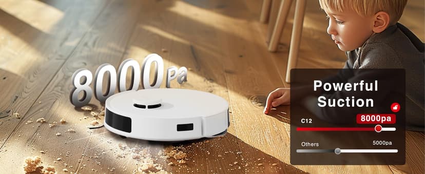 Yeedi C12 Robot Vacuum Cleaner and Mop, 8000Pa Strong Suction, ZeroTangle Brush, Smart Navigation, Self-Charging, White