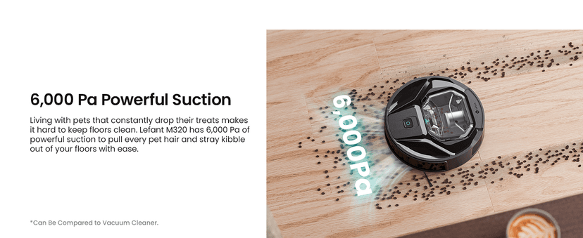 Lefant M320 Robot Vacuum Cleaner, Carpet Detection, 6,000 Pa Suction, Low Noise, 800ml Visible Dustbin, 210 Mins Runtime, Self-Charging, Works with Alexa, Ideal for Hard Floor, Pet Hair, Black