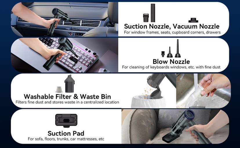 Car Vacuum Portable Cordless, Mini Handheld Vacuum Cleaner for Pet Hair/Car/Home, Suction & Blow 2 in 1, 22KPa High Power, 6000mAh, Small Lightweight Gadget, Type-C Rechargeable