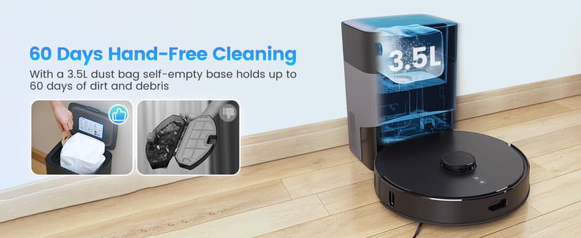 Robot Vacuum and Mop Combo, Self-Emptying, 60-Day Capacity, Schedule, 180mins Runtime, Home Mapping, Wi-Fi/App/Alexa/Remote, Robotic Vacuum Cleaner for Pet, Hard Floors, Carpet