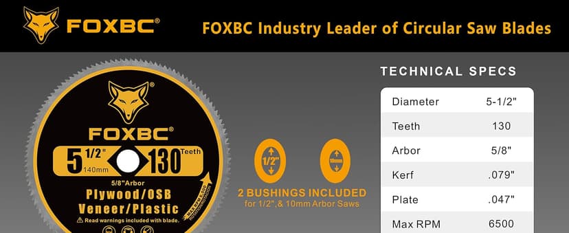 FOXBC 5-1/2-Inch 130 Tooth Plywood, Veneer, OSB, Plastic Cutting Circular Saw Blade with 5/8 Inch Arbor, with 1/2" 3/8" Bushing - 3 Pack