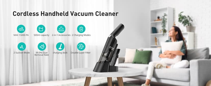 Cordless Handheld Vacuum, 15KPA Powerful Car Vacuum, Rechargeable, Charging Dock, Ergonomic Handle, 2-in-1 Crevice Tool, 1.8lb Portable Handheld Vacuums with 2-Speed for Car, Home