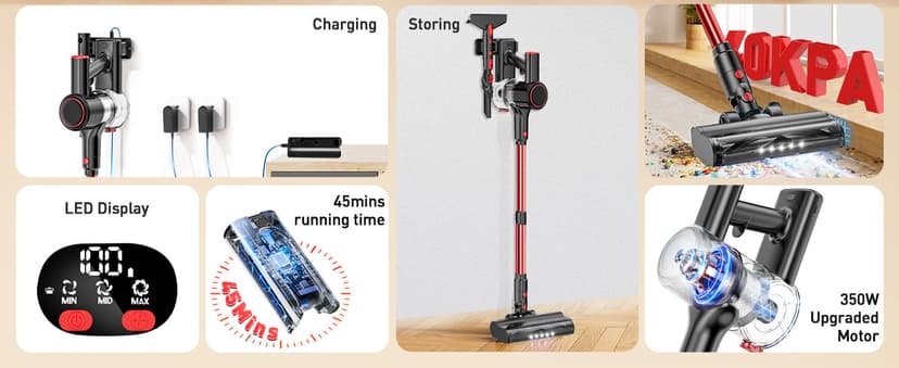 Cordless Vacuum Cleaner, 40Kpa 8-in-1 Vacuum Cleaners for Home, 45Mins Runtime Anti-Tangle Stick Vacuum with LED Display, 3 Modes Suction, Lightweight Vacuum for Hardwood Floor/Carpet/Pet Hair