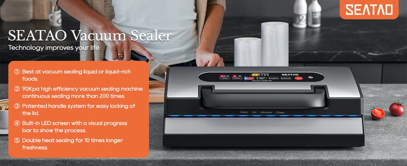 Upgraded Vacuum Sealer for Liquid, SEATAO 90Kpa Vacuum Sealer Machine for Dry/Moist/Liquid Food, Easy-Lock Handle, Double Heat Seal, Built-in Cutter and Bag Storage & Removable Drip Tray
