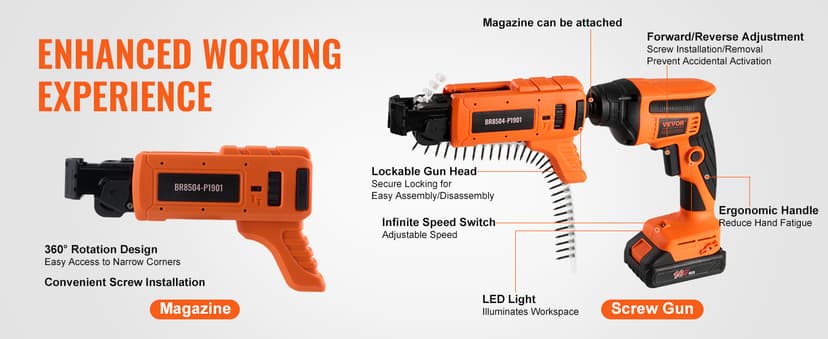 VEVOR Drywall Screw Gun Auto-Feed, 20V Max Collated Drywall Screwgun, 4200RPM Brushless Cordless Drywall Gun Kit with 2 Battery Packs, Belt Clip, Charger, Tool Bag, Screw Length and Depth Adjustable