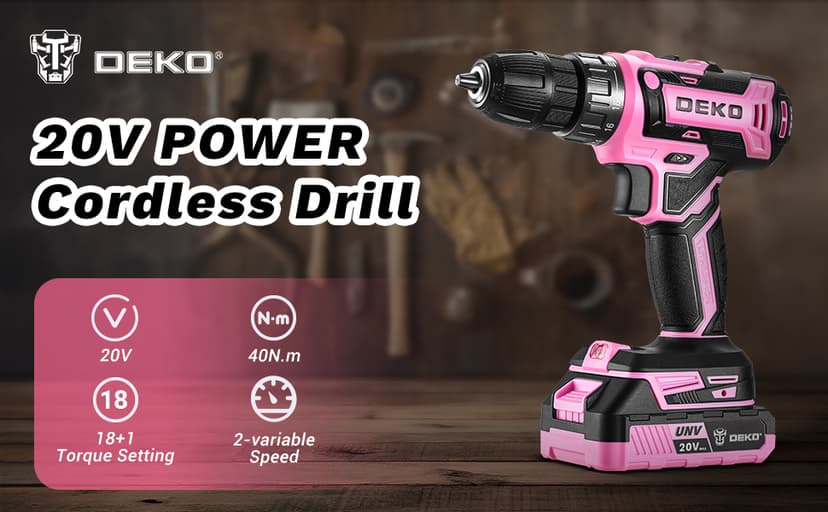 Power Drill Cordless: DEKO PRO Pink Cordless Drill 20V Electric Power Drill Set Tool for Women Drills with Battery and Charger 20 Volt Drills Driver Kit