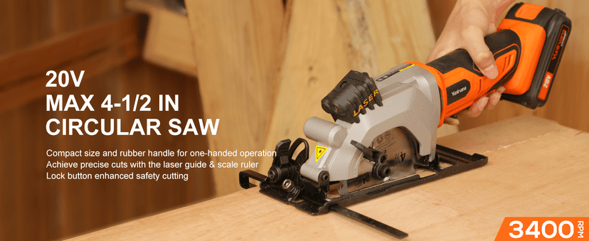 Mini Circular Saw, 20V 3400RPM Professional Cordless Circular Saw, Adjustable Angle and Depth,Max Cutting Depth 1-2/3"(90°), 1-1/8"(45°), Laser Guide, Rip Guide