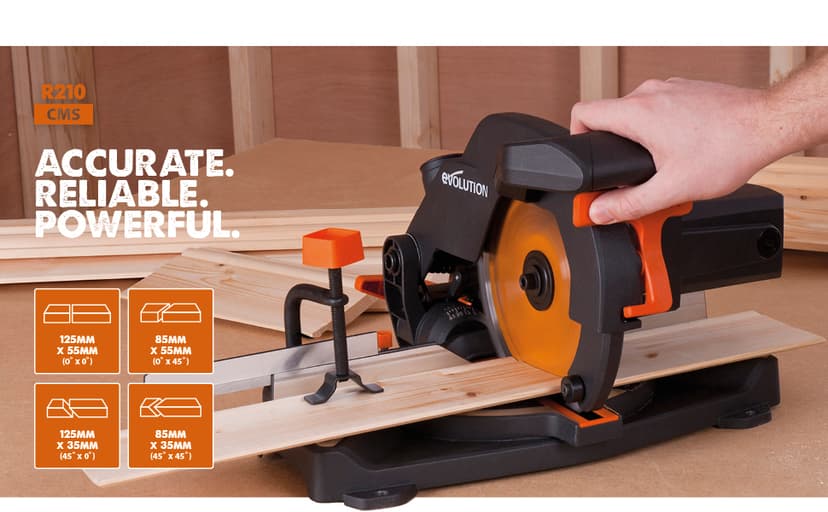 Evolution Power Tools R210CMS Compound Miter Saw, 8-1/4" Multi-Material Cutting TCT Blade Included Cuts Wood Metal Plastic & More, 45° - 45° Degree Miter & 45˚ Degree Bevel Angles, 1200W, 8-1/4"