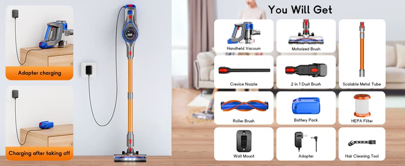 Cordless Vacuum Cleaner for Home - Powerful, 45Kpa Stick Vacuums Lightweight with Detachable Battery Display, Max 45Mins Runtime, 8 in 1 Handheld Vacuum for Hardfloor & Carpets Pet Hair