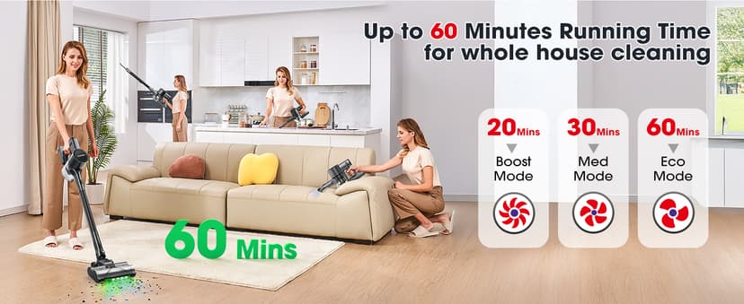 Cordless Vacuum Cleaners for Home, G26 Vacuum Cleaner, 45KPA Powerful Suction, Up to 60 Minutes, Tangle-Resistant, Rechargeable Stick Vac with Wall Mount for Pet Hair, Hardwood Floors