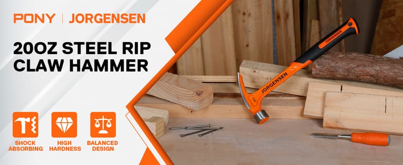 Jorgensen 20 oz Straight Claw Hammer with Magnetic Nail Holder, Rip Claw Hammer with Milled Face & Shock Absorbing Grip, Heavy Duty One-piece Forged Hammer
