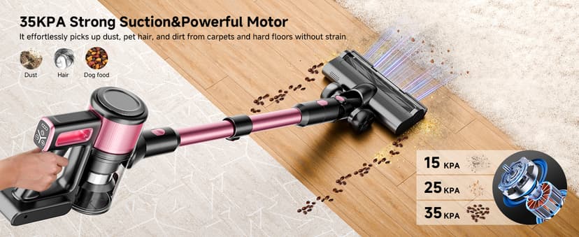 Cordless Vacuum Cleaner, 8 in 1 Powerful Stick Vacuum with 45min Runtime, Anti-Tangle Vacuum Cleaners for Home, Lightweight Handheld Wireless Vacuum for Hardwood Floor Carpet pet Hair, Rose