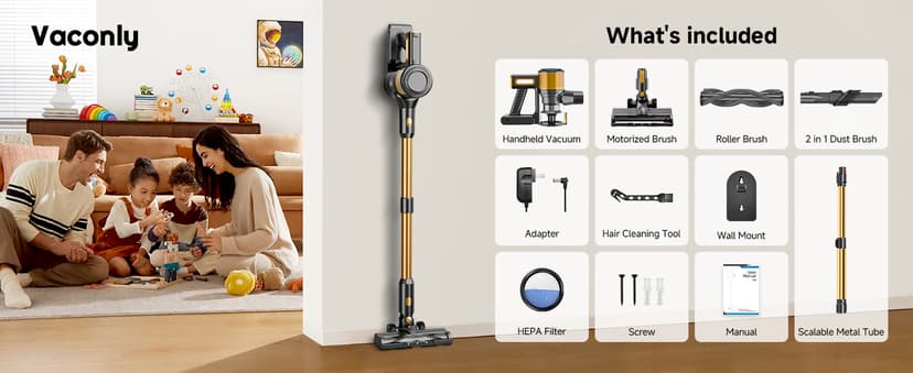 Cordless Vacuum Cleaner, 8 in 1 Powerful Stick Vacuum with 45min Runtime, Anti-Tangle Vacuum Cleaners for Home, Lightweight Handheld Wireless Vacuum for Hardwood Floor Carpet pet Hair, Gold