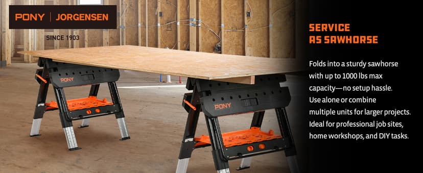 Pony Portable Folding Work Table, 2-in-1 as Sawhorse & Workbench, 31” W×25” D×25”-35”H, Large Load Capacity with 4pcs Clamps, 4pcs Bench Dogs