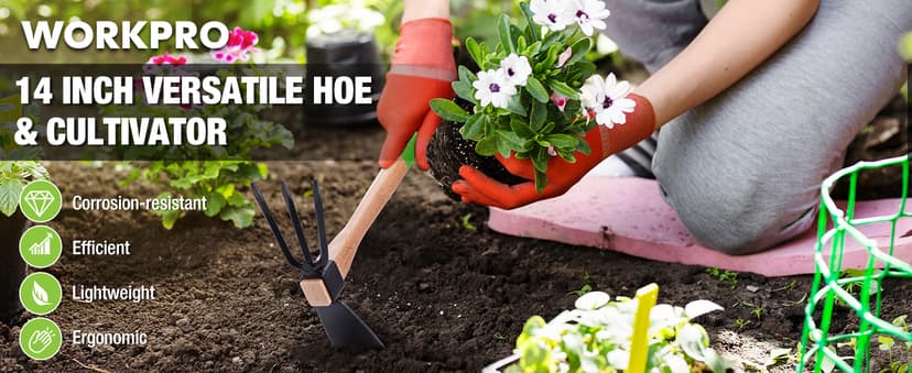 WORKPRO Hoe and Cultivator Garden Rake with 14" Wooden Handle, Sharp Hoe Blade & Sturdy 3 Claw Tiller, 2-in-1 Heavy Duty Gardening Hand Tools for Digging, Loosening Soil, Weeding, Cultivating