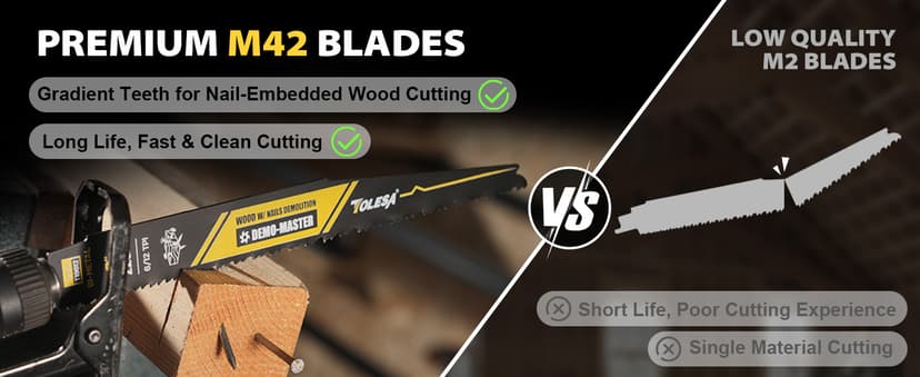 TOLESA 9 Inch 6/12 TPI Reciprocating Saw Blades for Wood and Nail-Embedded Wood Demolition, 25 Pack Bi-Metal Reciprocating Saw Blade for Fast & Smooth Cutting