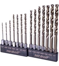 NordWolf 5-Piece M35 Cobalt Stubby Drill Bit Set for Stainless Steel & Hard Metals, with 1/4" Hex Shank for Quick Chucks & Impact Drivers, SAE Sizes 3/32"-1/8"-3/16"-1/4"-5/16" in Storage Case