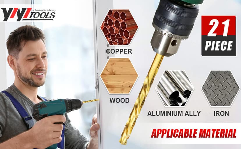 Titanium Twist Drill Bit Set 21 Piece Fit for Cutting Hard Metals,Such as Stainless Steel, Aluminum Alloy and Titanium Alloy 21 Pieces