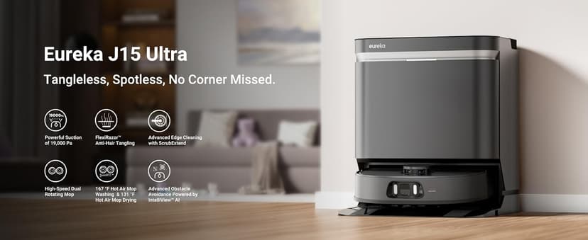 Eureka J15 Ultra Self Emptying Robot Vacuum, 19,000 Pa Suction, Flex-Arm Mop Design, 167℉Hot Water Mop Washing & 131°F Hot Air Drying, AI Obstacle Avoidance, Black