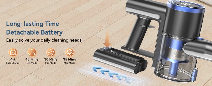 NADALY Cordless Vacuum Cleaner, Stick Vacuum with 3 Powerful Suction Modes, Max 45 Mins Runtime, Anti-Tangle Vacuum Cleaner for Home, 8-in-1 Rechargeable Vacuum for Carpet, Pet Hair, Hard Floors