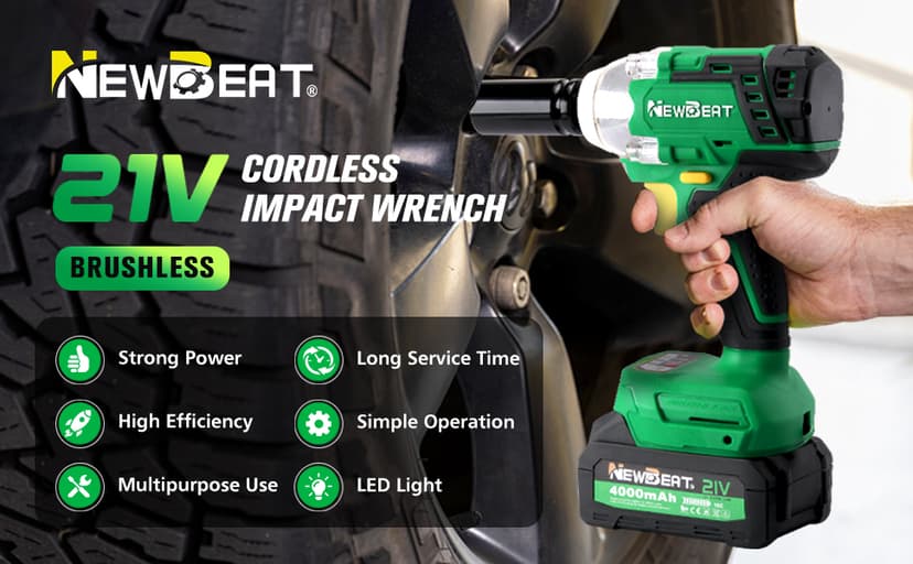 Cordless Impact Wrench, 21V Brushless 1/2 inch Impact Wrench, Electric Impact Gun, Power Impact Driver with 4.0Ah Battery and Charger, Variable Speeds for Car, Home DIY, Tire Removal Tool