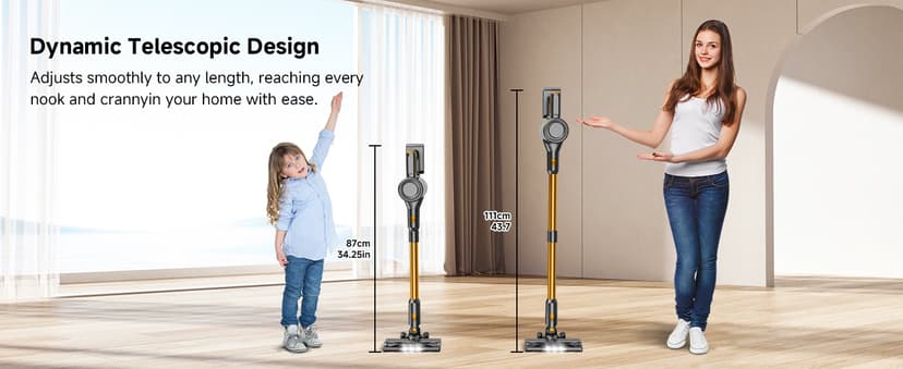 Cordless Vacuum Cleaner,55Mins/Powerful Vacuum Cleaners for Home,Stick Vacuums with 8 in 1,Touch Screen,LED Headlights, Anti-Tangle,Rechargeable,Lightweight for Carpet,Hard Floor, Pet Hair,Gold