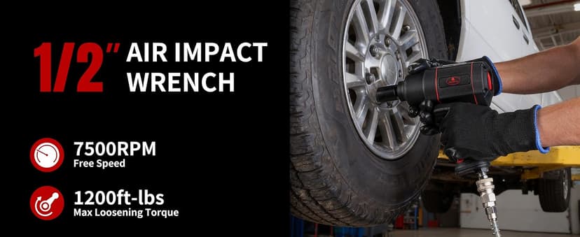 AEROPRO TOOLS 1/2-Inch Air Impact Wrench, Twin Hammer, 1200FT-LBS, 7500RPM, High Torque Pneumatic Impact Wrench, 1/2 Drive Air Impact Gun for Auto Repair, Tire Shop