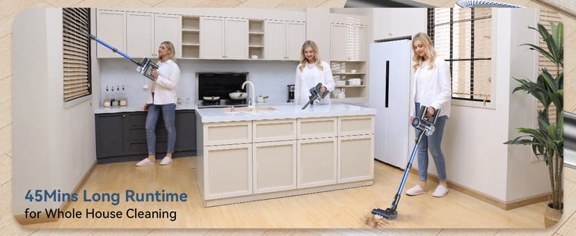 NADALY Cordless Vacuum Cleaner, Stick Vacuum with 3 Powerful Suction Modes, Max 45 Mins Runtime, Anti-Tangle Vacuum Cleaner for Home, 8-in-1 Rechargeable Vacuum for Carpet, Pet Hair, Hard Floors