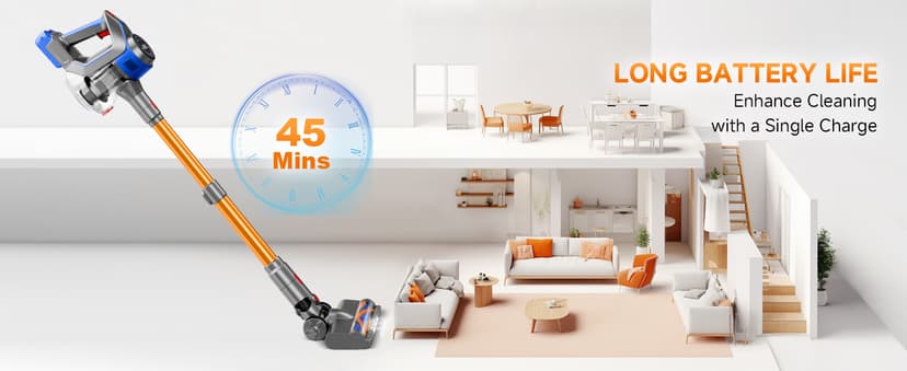 Cordless Vacuum Cleaner for Home - Powerful, 45Kpa Stick Vacuums Lightweight with Detachable Battery Display, Max 45Mins Runtime, 8 in 1 Handheld Vacuum for Hardfloor & Carpets Pet Hair