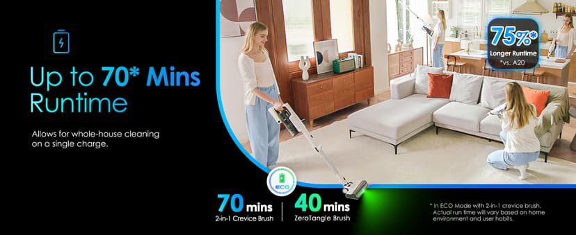 Tineco Pure ONE A50S Cordless Stick Vacuum Cleaner, 185W Suction,1L Larger Dustbin, 3DSense Power Brush, PureCyclone Tech, Easily Tackles Large Debris
