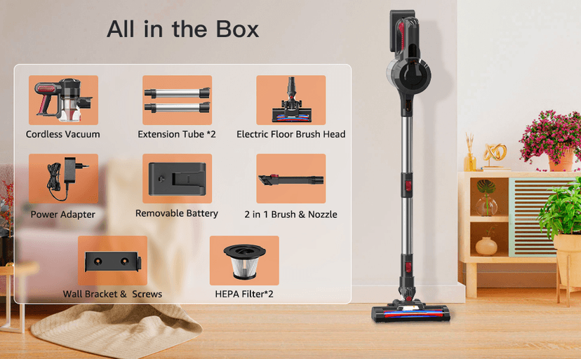 Cordless Vacuum Cleaner, 30Kpa/210W Stick Cordless Vacuum Up to 45 Mins Runtime, 8 in 1 Lightweight Vacuum for Hardwood Floor Carpet Pet Hair (Black-red)