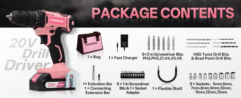 COMOWARE Cordless Drill Set, 20V Pink Power Drill Set for Women, 1 Battery & Charger, 3/8" Keyless Chuck, 2 Variable Speed, 266 In-lb Torque, 25+1 Position, with Pink Storage Bag