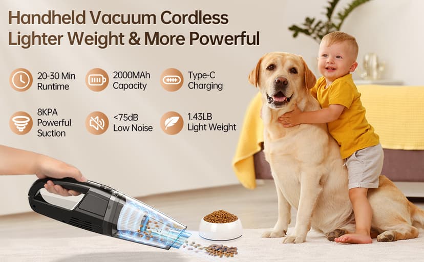 Handheld Vacuum Cordless 7000Pa Suction | Car Vacuum Portable with 650mL Dustbin | 1.43lbs Ultra-Light | 25-Min Runtim | Rechargeable