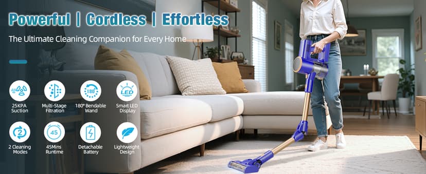 Cordless Vacuum Cleaner, 180° Bendable Wand Stick Vacuum Cleaners with Touch Screen, 8-in-1 Vacuum with Lightweight Rechargeable Battery, Longlasting Runtime for Home Hard Floor Low-Pile Carpet