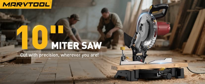 10-inch Compound Miter Saw, 5000RPM, 15 Amp, Single Bevel 0-45° with Extension Table, 36T Blade, Power Saw for Metal, Plastic, Wood, Laminates