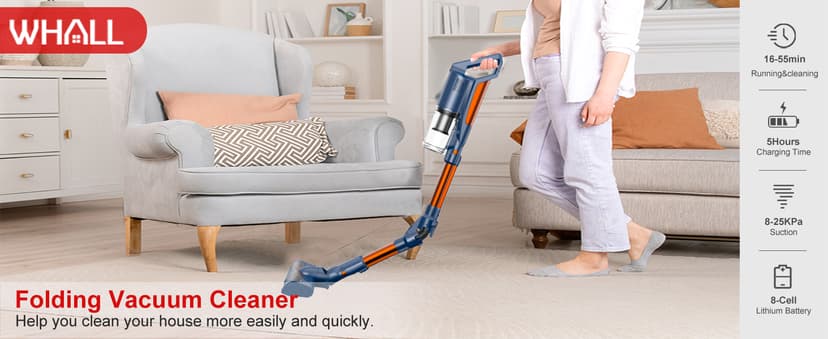 whall Cordless Vacuum Cleaner, Upgraded Strong Suction Brushless Motor Cordless Stick Vacuum Cleaner, Lightweight Handheld Vacuum for Home Pet Hair Carpet Hard Floor, up to 55mins Runtime,Blue