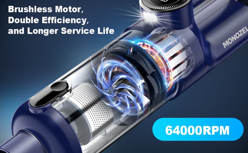 Handheld Vacuum Cordless - Car Vacuum Cleaner with Brushless Motor, 15000Pa Strong Suction with LED Light, Type C Cable, 2 Fliters, Portable Hand Vacuum for Car, Home, and Office